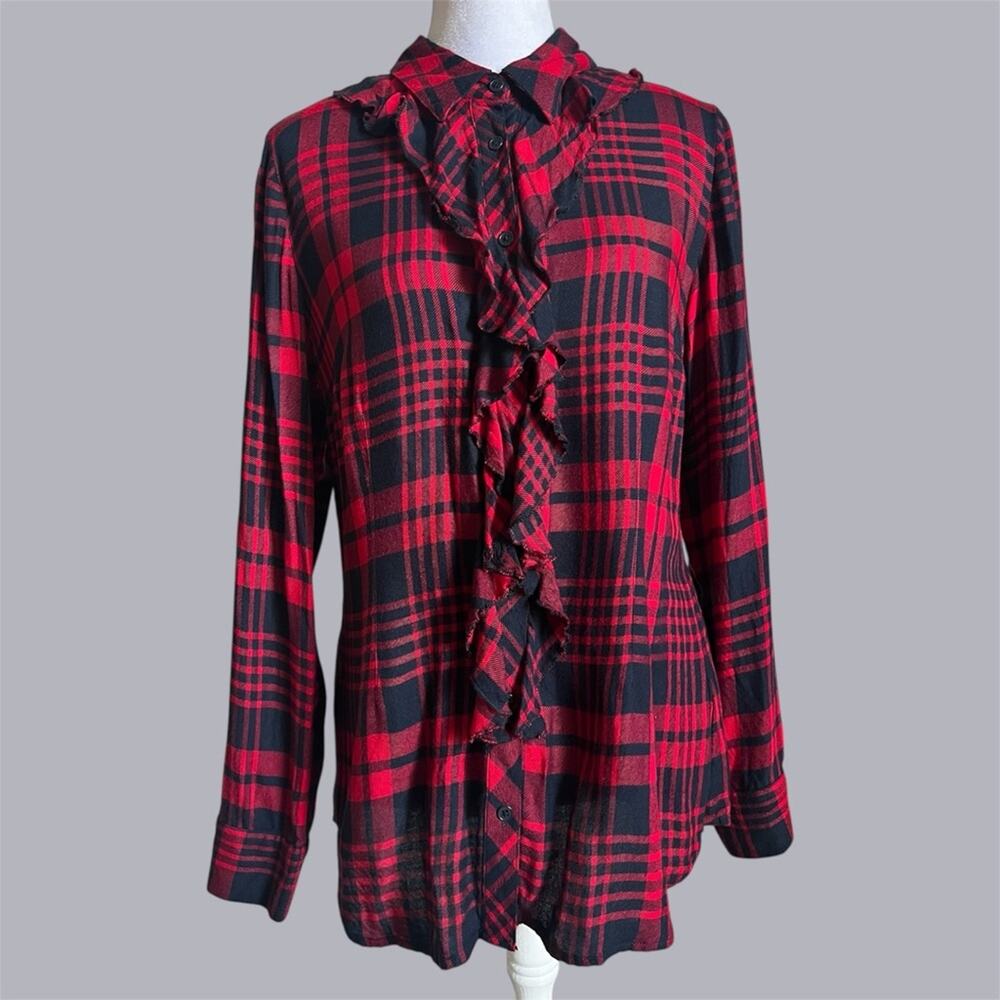 Cabi Lodge Buffalo Plaid Button Down Ruffle Top Small Flannel Red Black